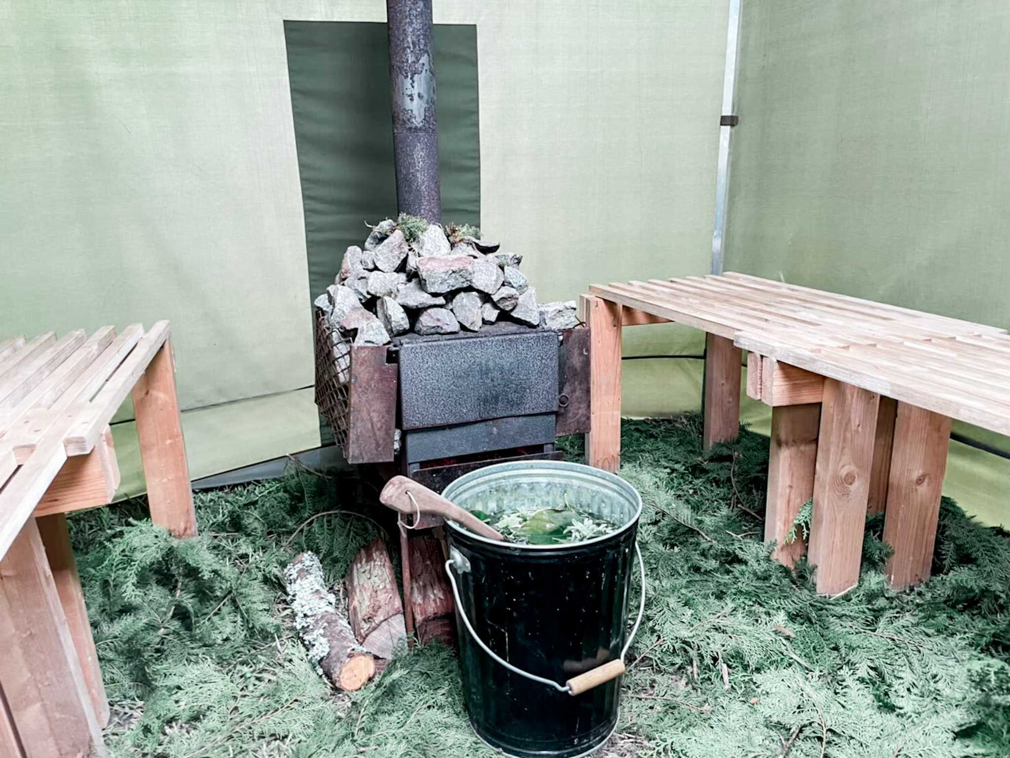 A tent sauna with firewood and herbs you gather yourself