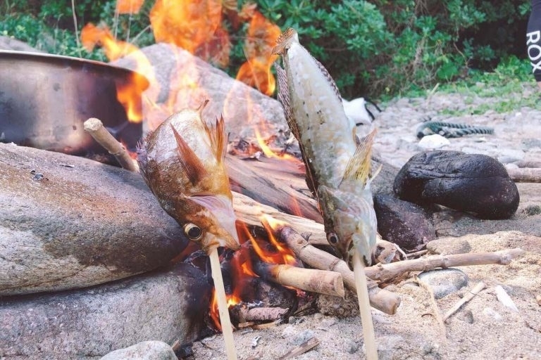 ダンボールオーブンでピザと魚のバター焼き